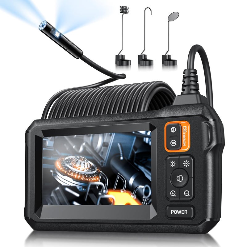 MAGEASY Endoscope Camera with Light, Inspection Borescope Camera with 4.3" IPS Screen, 1920P HD with 8 LED Lights, 32.8FT Semi-Rigid Cord Bore Scope, IP67 Waterproof Endoscope for Sewer, Dual Lens(Orange) - Image 1